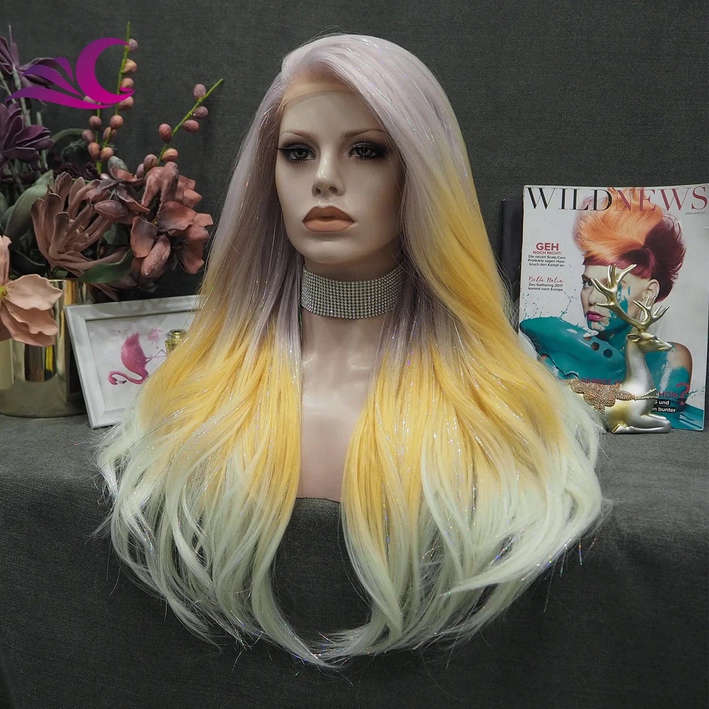 Celebrity new desgin ombre colorful highlight black natural color heat resistant futura fiber lace front wig