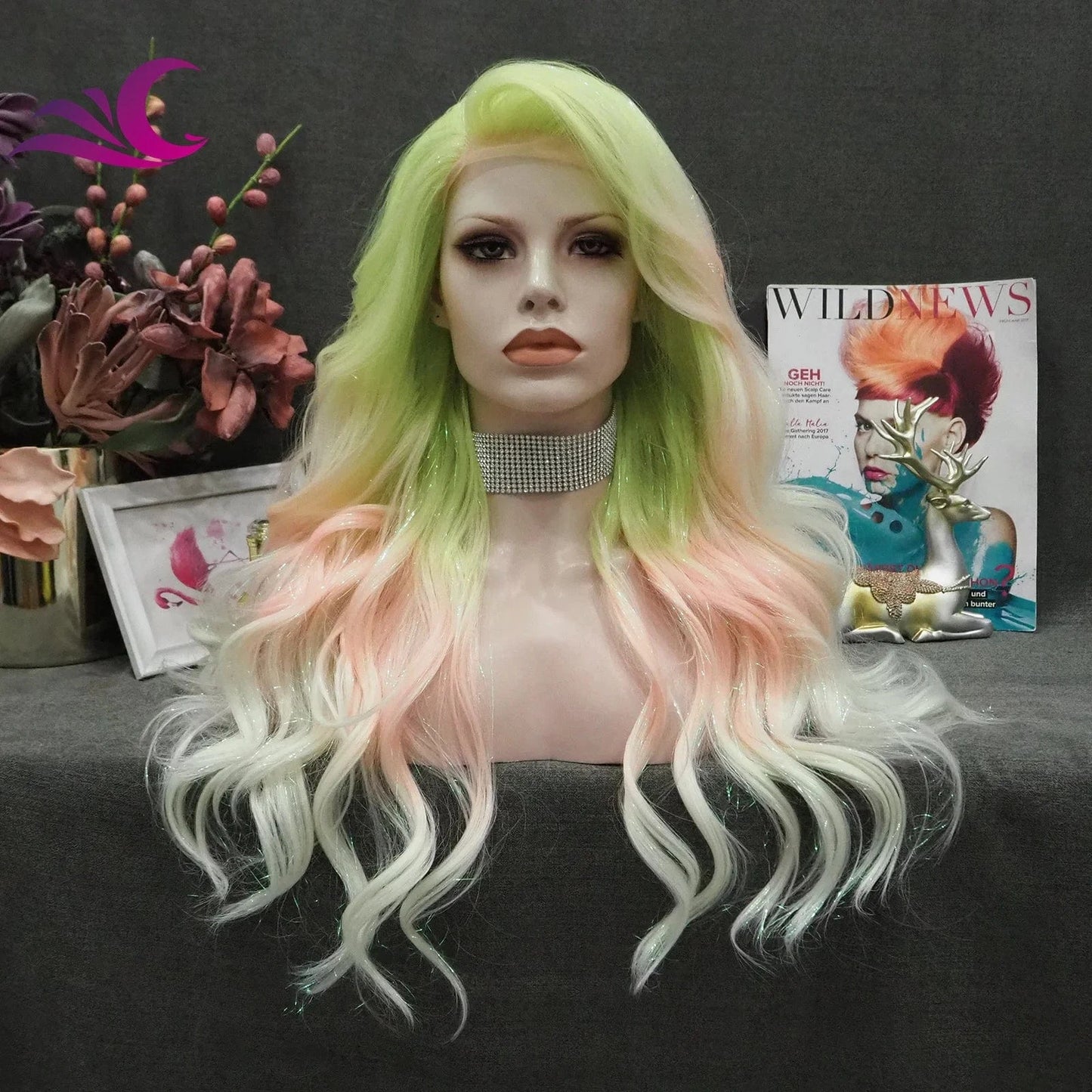 Celebrity new desgin ombre colorful highlight black natural color heat resistant futura fiber lace front wig