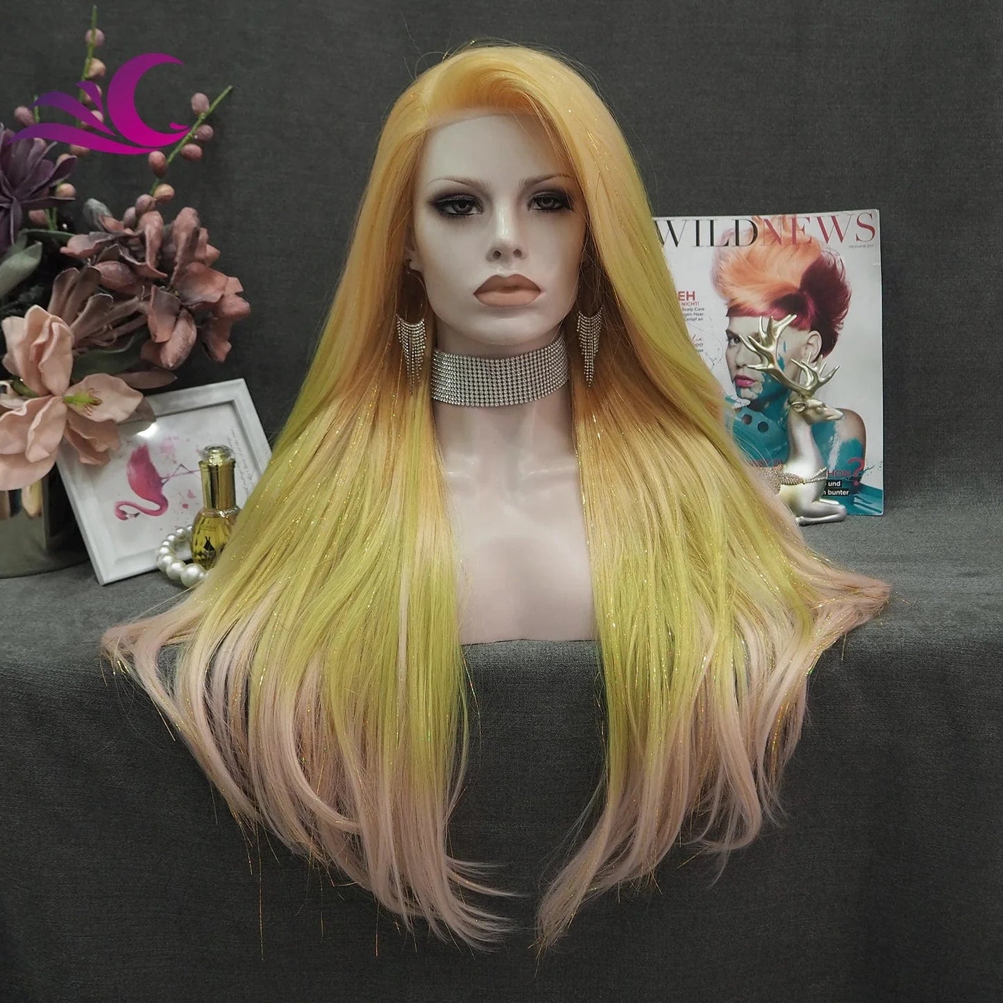 Celebrity new desgin ombre colorful highlight black natural color heat resistant futura fiber lace front wig