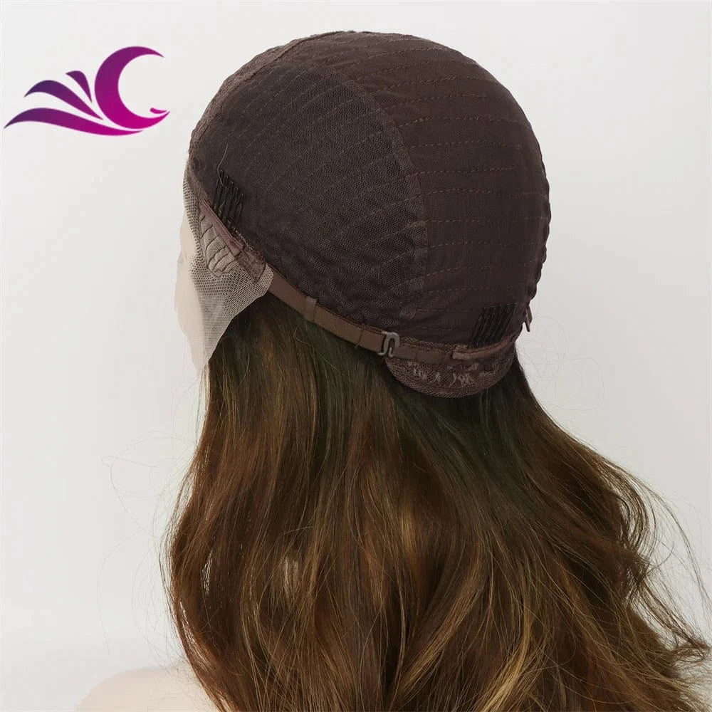 Celebrity new fashion highlight caramel color t part lace front wig synthetic futura fiber hair wig