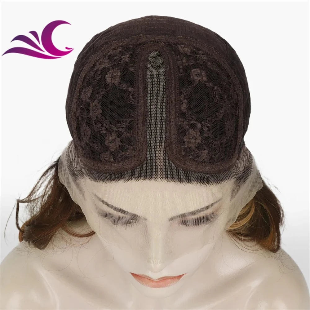 Celebrity new fashion highlight caramel color t part lace front wig synthetic futura fiber hair wig