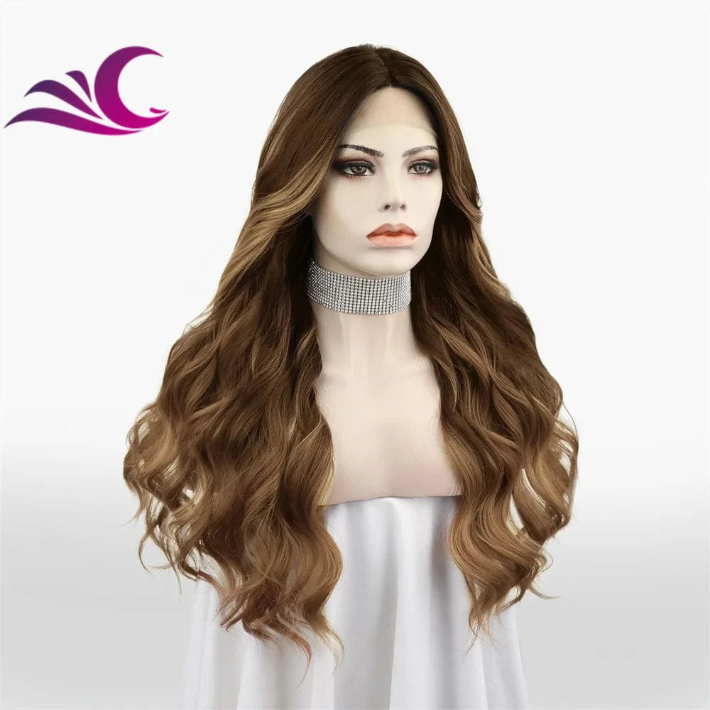 Celebrity new fashion highlight caramel color t part lace front wig synthetic futura fiber hair wig