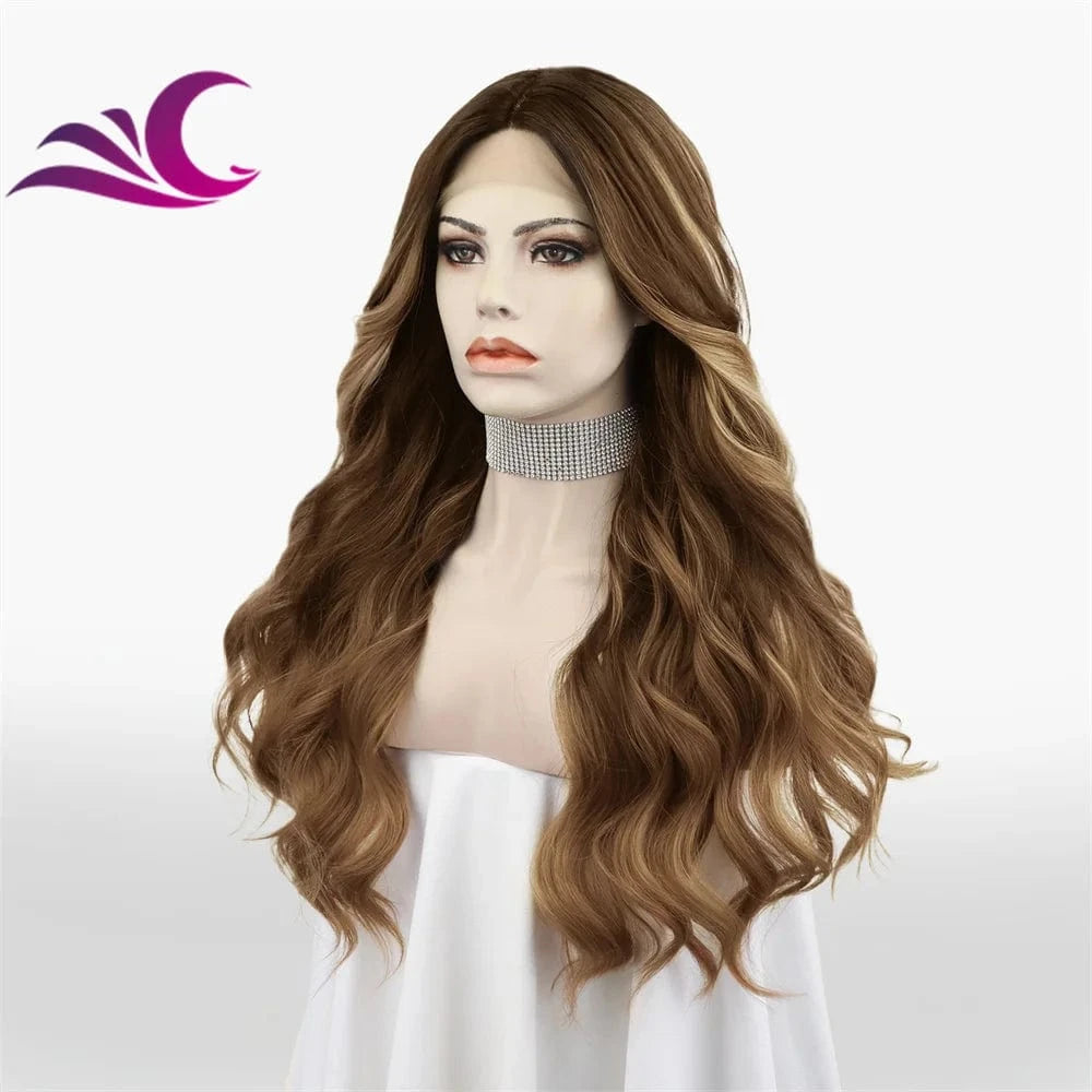 Celebrity new fashion highlight caramel color t part lace front wig synthetic futura fiber hair wig