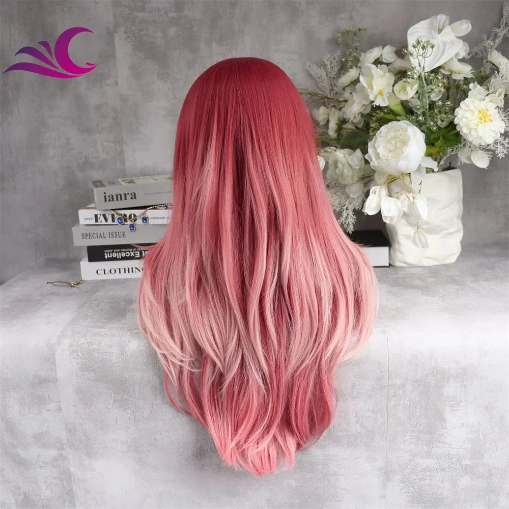 Celebrity ombre red pink colored synthetic lace front wig premium fiber high density cosplay drag queen wig