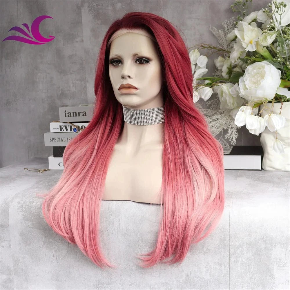 Celebrity ombre red pink colored synthetic lace front wig premium fiber high density cosplay drag queen wig