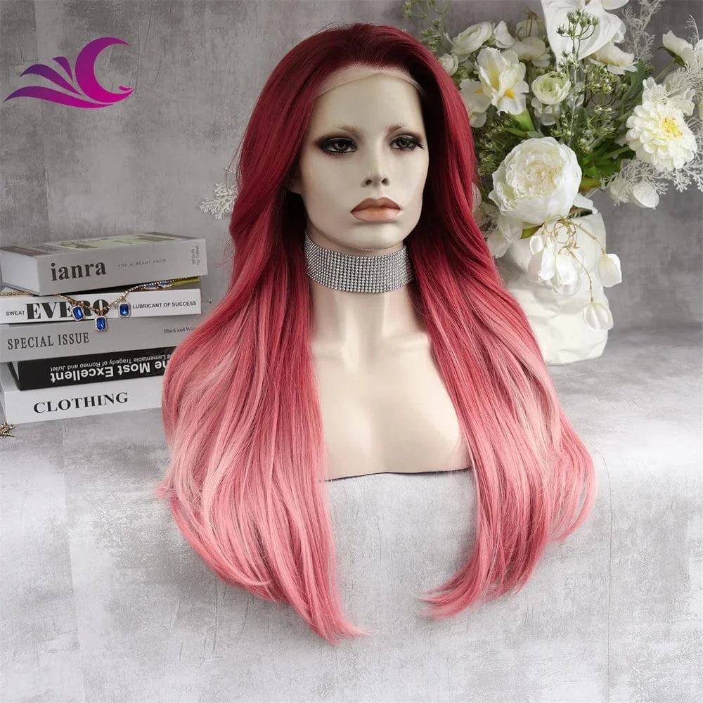 Celebrity ombre red pink colored synthetic lace front wig premium fiber high density cosplay drag queen wig
