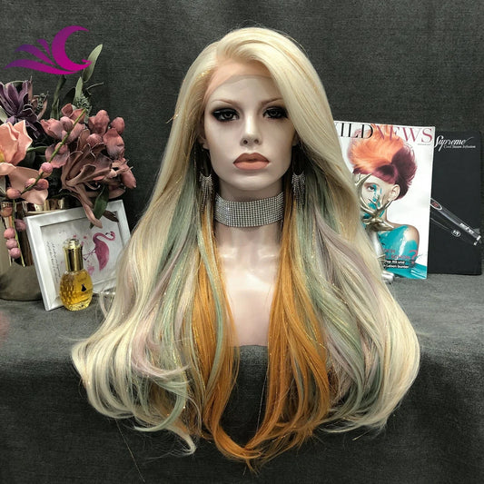 Celebrity piano highlight color ombre blonde glitter hair wig long body wave premium fiber synthetic hair wig