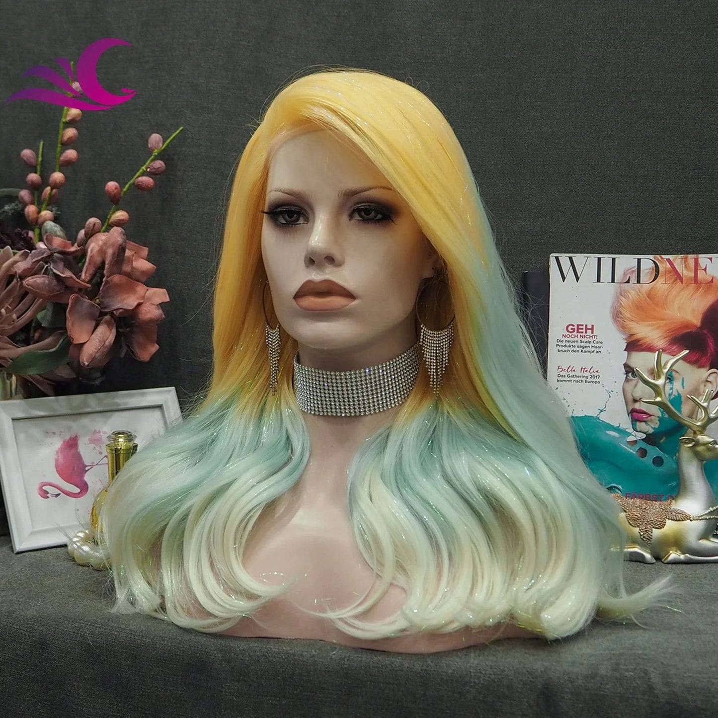 Celebrity shoulder length glitter tinsel hair wig ombre blonde green colorful synthetic hair wig for drag cosplay party