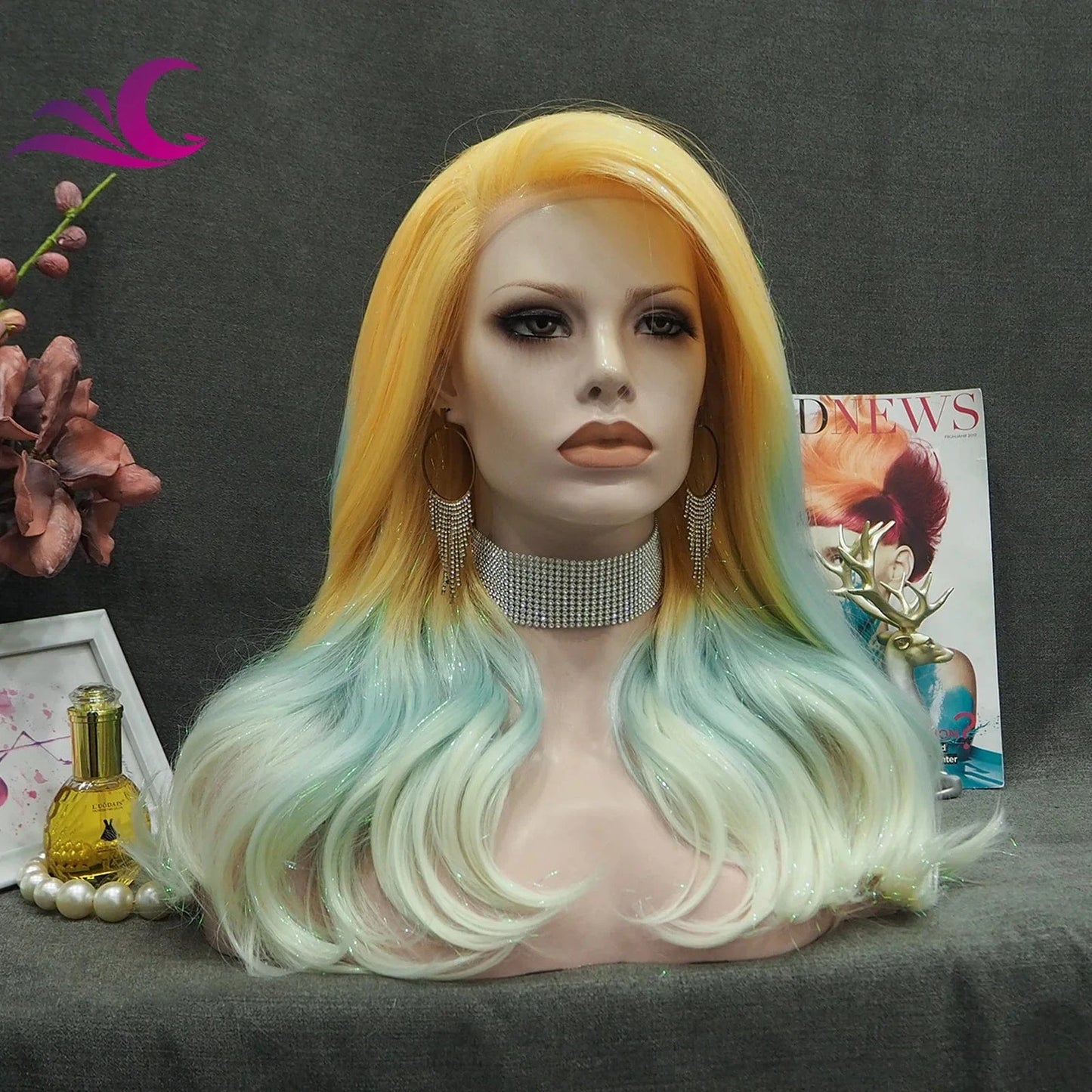Celebrity shoulder length glitter tinsel hair wig ombre blonde green colorful synthetic hair wig for drag cosplay party