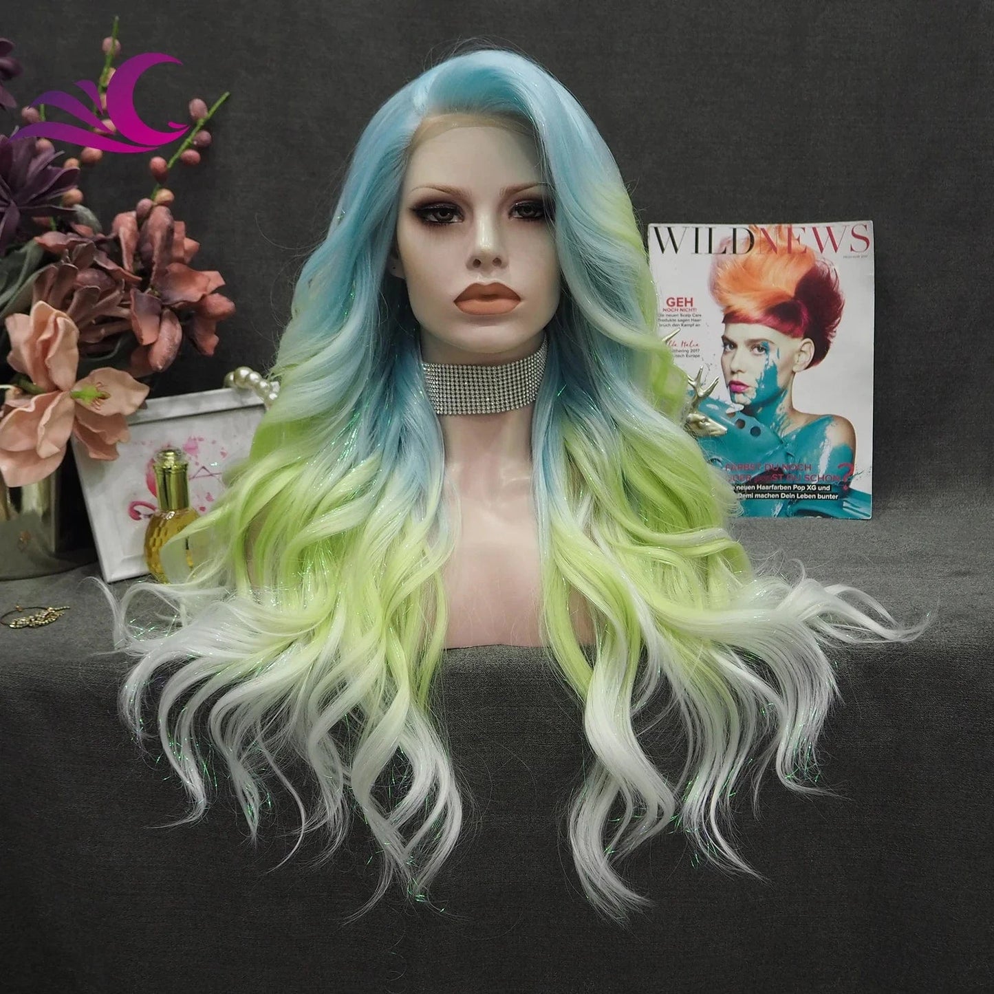 Celebrity shoulder length glitter tinsel hair wig ombre blonde green colorful synthetic hair wig for drag cosplay party