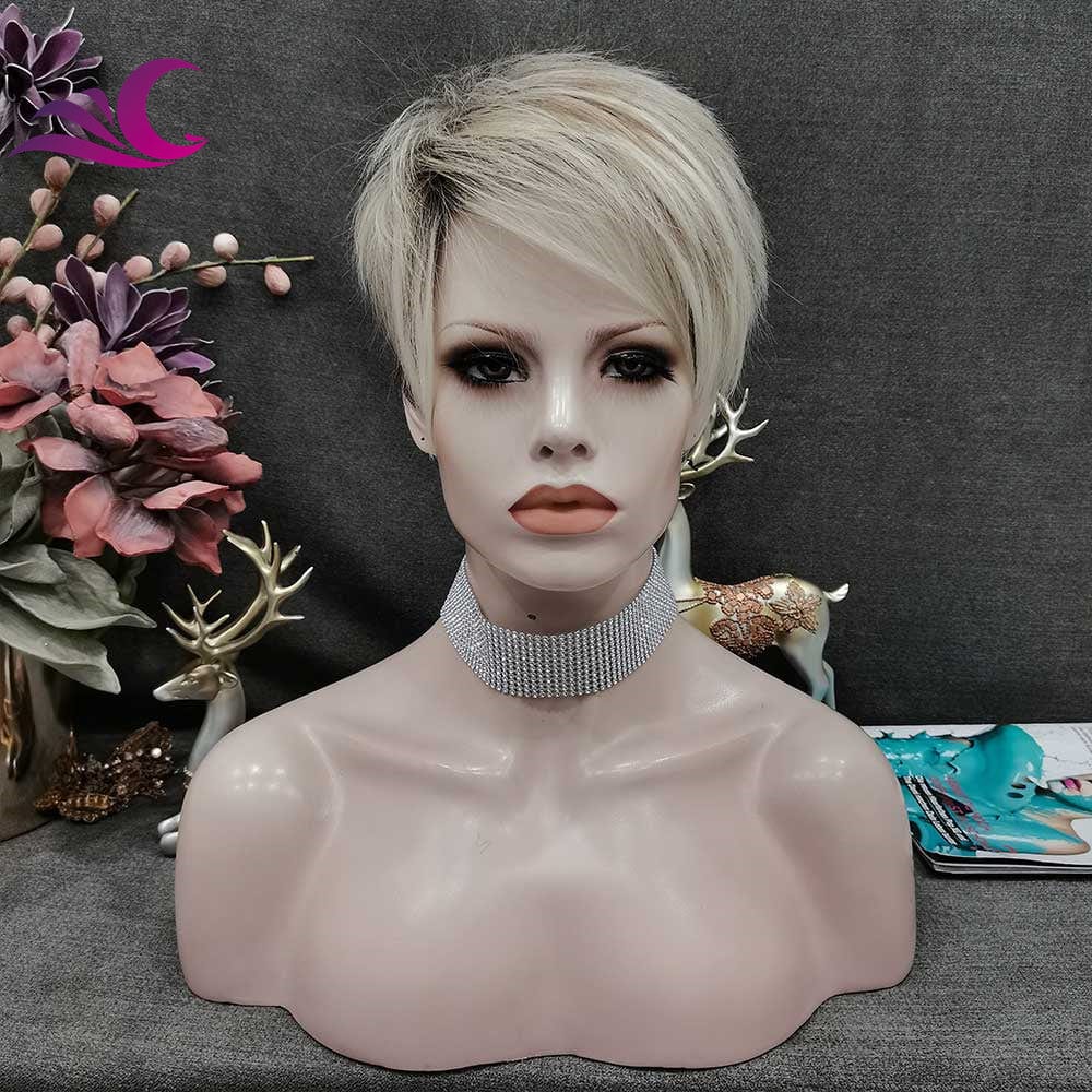 Celebrity Wholesale Short Pixie Cut Ash Blond Color Synthetic Heat Resistant Fiber Full Machine Synthetic Hair Wigs