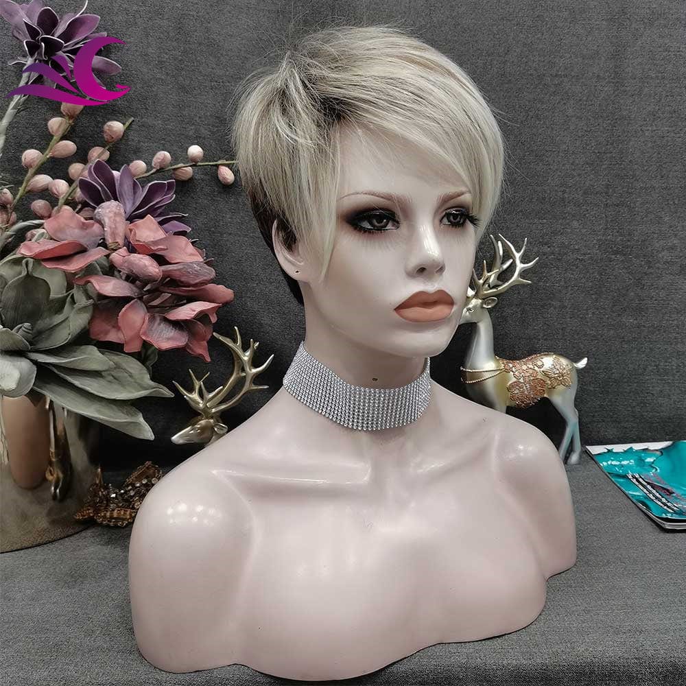 Celebrity Wholesale Short Pixie Cut Ash Blond Color Synthetic Heat Resistant Fiber Full Machine Synthetic Hair Wigs