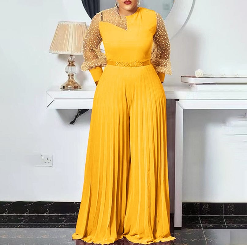 CFA6540 African Plus Size Jumpsuits For Women Polka Dot Mesh Sleeve Hight Waist Wide Leg Pleated Jumpsuit One Piece Jumpsuit