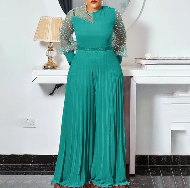CFA6540 African Plus Size Jumpsuits For Women Polka Dot Mesh Sleeve Hight Waist Wide Leg Pleated Jumpsuit One Piece Jumpsuit