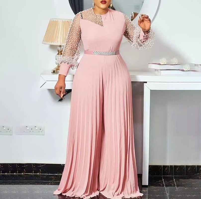 CFA6540 African Plus Size Jumpsuits For Women Polka Dot Mesh Sleeve Hight Waist Wide Leg Pleated Jumpsuit One Piece Jumpsuit