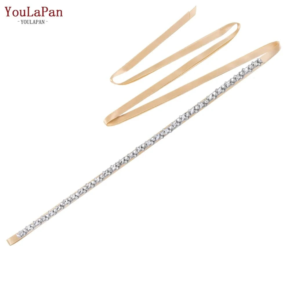 Champagne  Ribbon YouLaPan S404 Modern Design Hot Sale Women Dress Belt Silver Rhinestone Thin Belt Bridal Wedding Dress Waist Jewelry