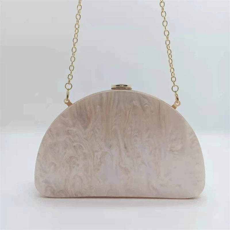 champagne with O chain Clutch Purses Women Semicircle Evening Bag Crossbody Bag Elegant Acrylic Handbags for Wedding Cocktail Party