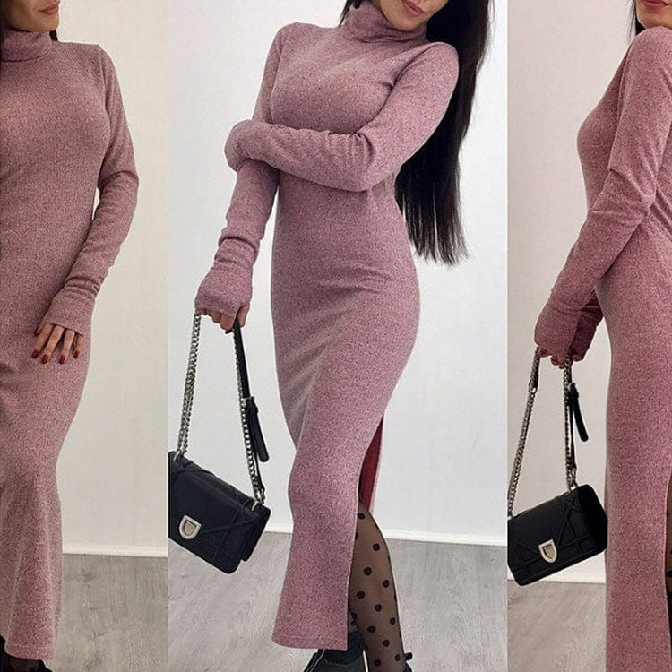 Cheap Casual Turtle Neck Women Dresses for Office Work,Winter Hot Stylish Warm Knitted Long Sleeve Solid Office Dress for Women