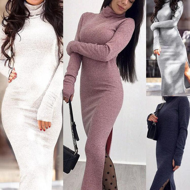 Cheap Casual Turtle Neck Women Dresses for Office Work,Winter Hot Stylish Warm Knitted Long Sleeve Solid Office Dress for Women
