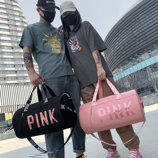 Cheap price high quality large capacity sequins letters pink sports gym bag custom logo gym bag with shoe compartment