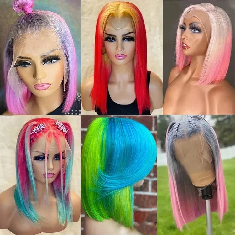 Cheap price human hair short 613 bob wigs human hair lace front blonde wig dyed green blue red pink gray orange purple color wig