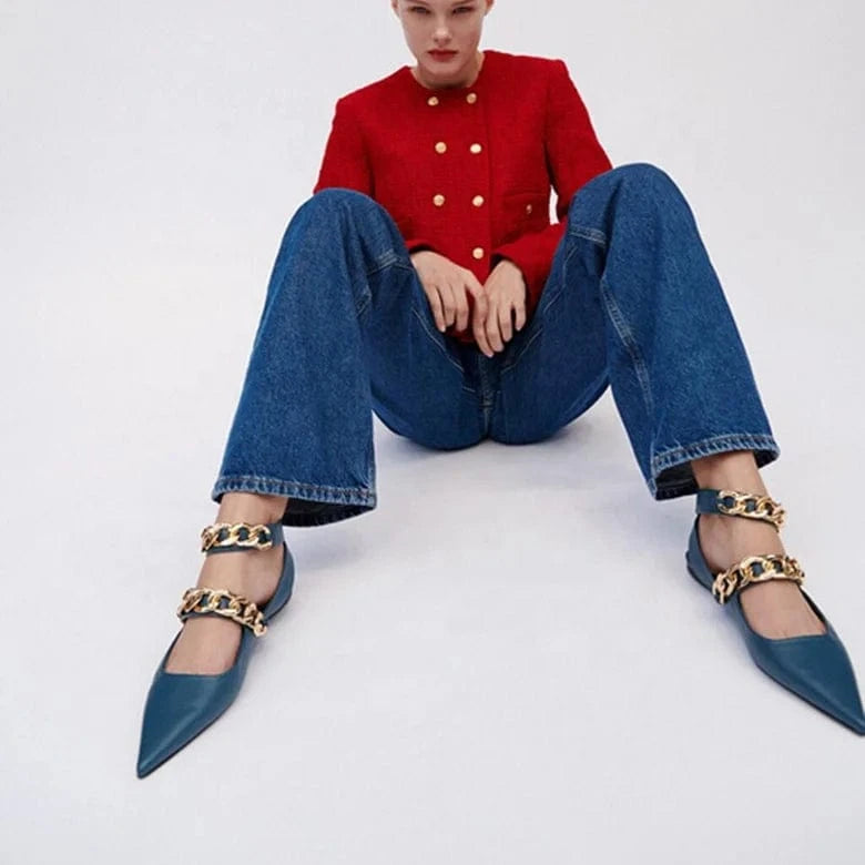 Cheap price ladies shoes Anmairon high quality blue leather pointy toe flat shoes hot sale womens pumps