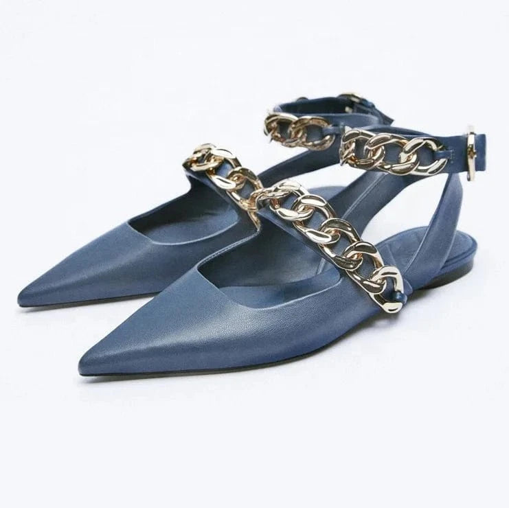 Cheap price ladies shoes Anmairon high quality blue leather pointy toe flat shoes hot sale womens pumps