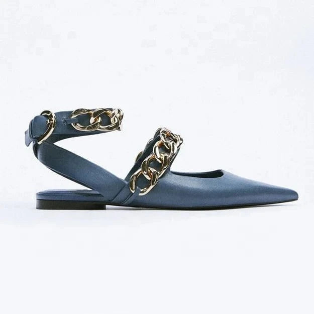 Cheap price ladies shoes Anmairon high quality blue leather pointy toe flat shoes hot sale womens pumps