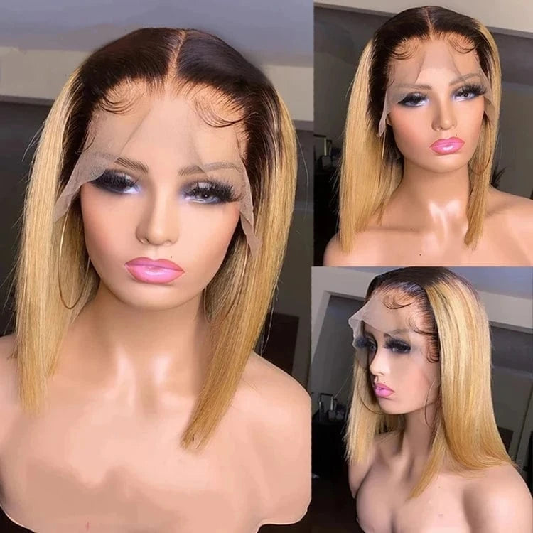 Cheap Wig Ombre Yellow Color Bone Straight Short Cut Bob Raw Vietnamese Human Hair 13x4 Lace Front Wigs