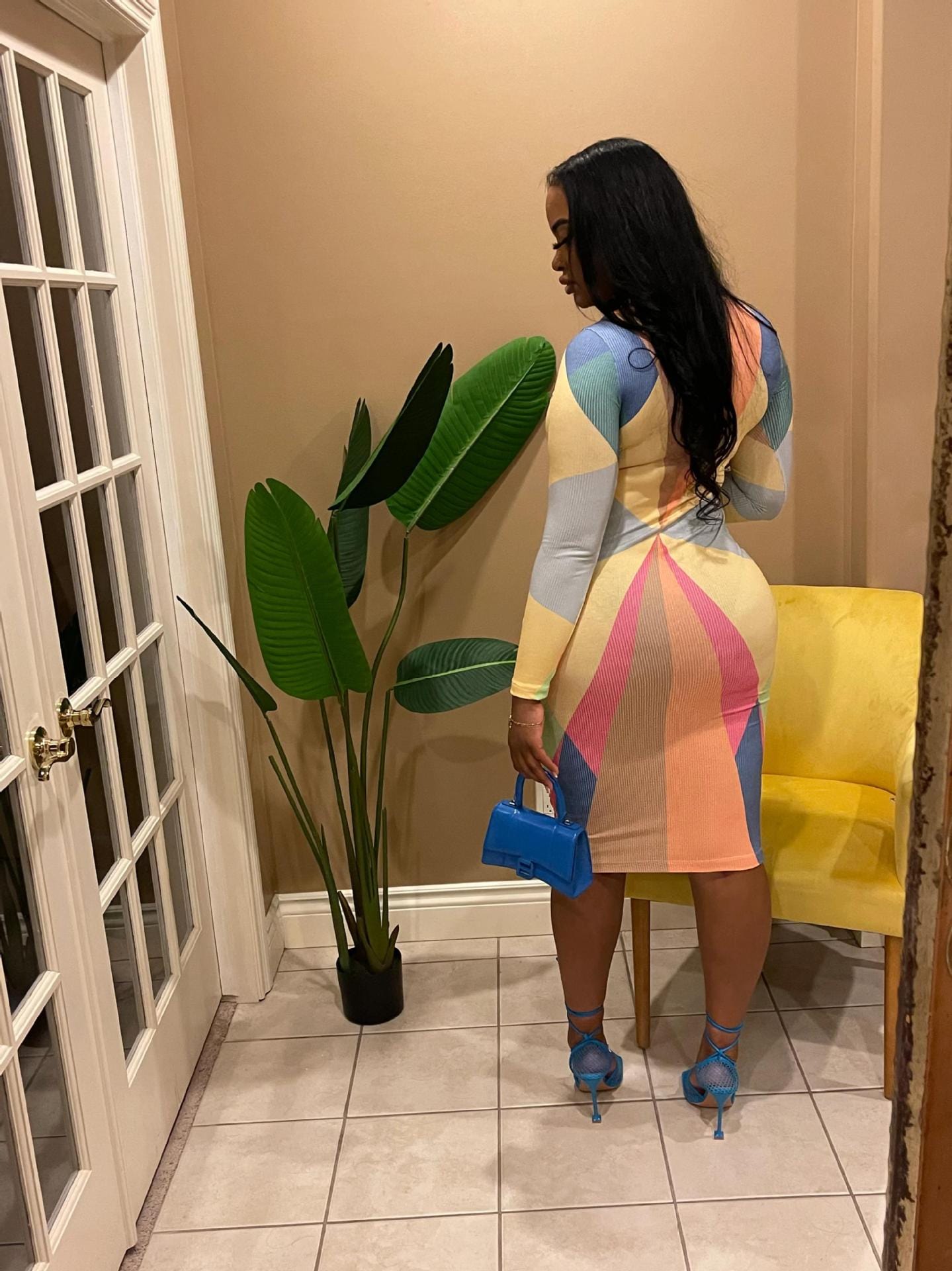 chic plus size color block bodycon dress ladies casual fitted long sleeve ribbed midi dress
