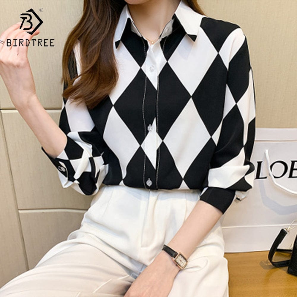 Chic Woman's Long Sleeve Geometry Printing Shirts Elegant Casual Blouses Workwear Chiffon Shirt Tops For Spring Autumn