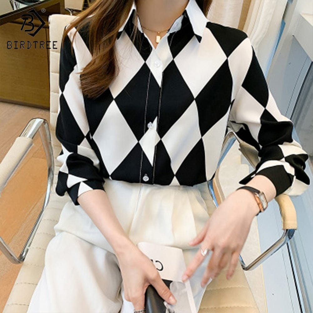 Chic Woman's Long Sleeve Geometry Printing Shirts Elegant Casual Blouses Workwear Chiffon Shirt Tops For Spring Autumn