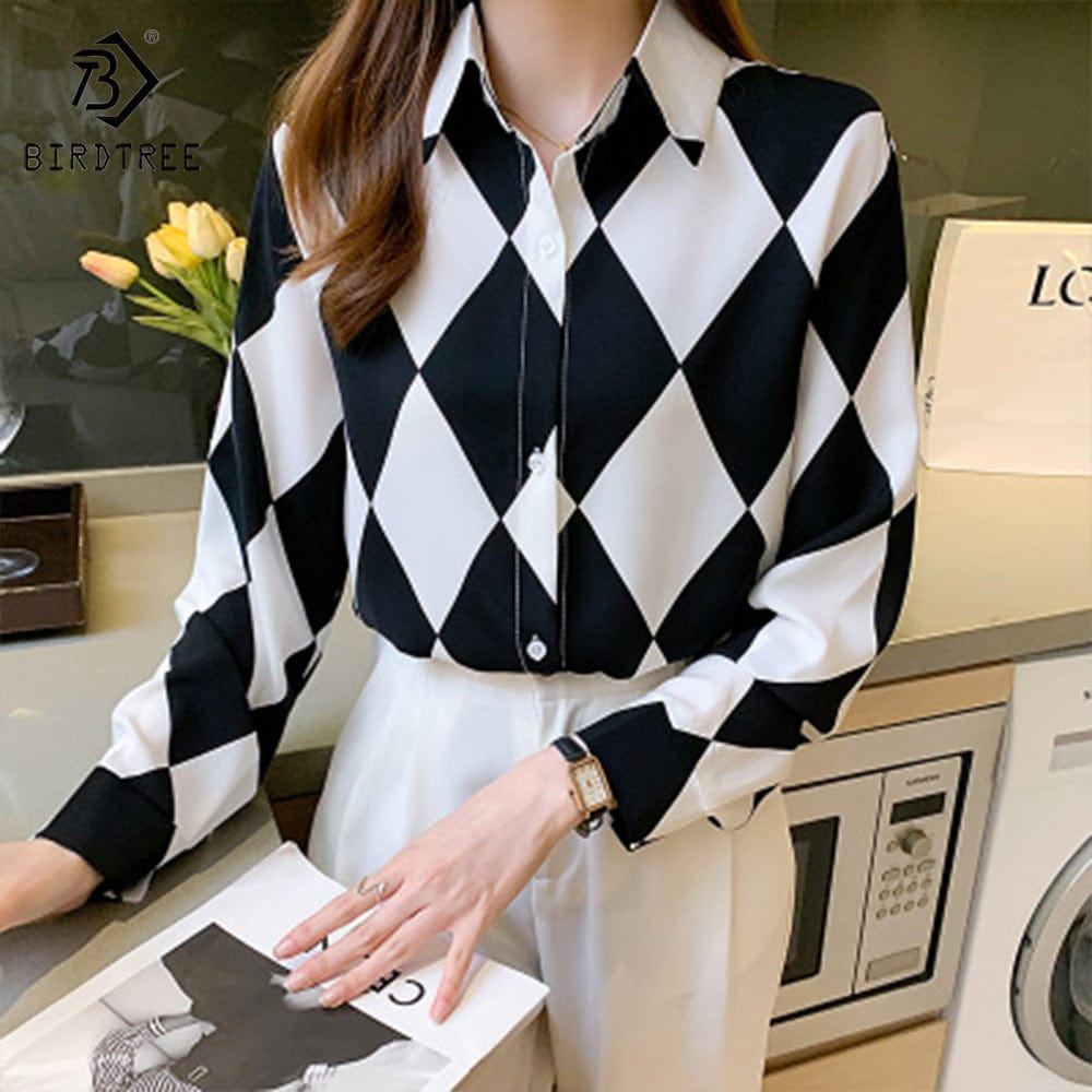 Chic Woman's Long Sleeve Geometry Printing Shirts Elegant Casual Blouses Workwear Chiffon Shirt Tops For Spring Autumn