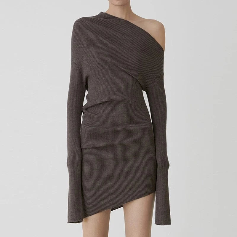 CHICEVER Casual Diagonal Collar Long Sleeve Solid Color Women Clothing Dresses 2023