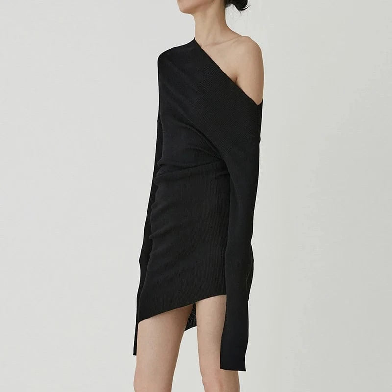 CHICEVER Casual Diagonal Collar Long Sleeve Solid Color Women Clothing Dresses 2023