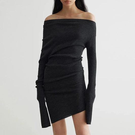 CHICEVER Casual Diagonal Collar Long Sleeve Solid Color Women Clothing Dresses 2023