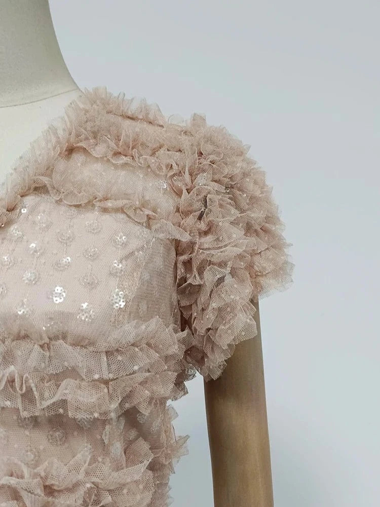 CHICEVER Casual Dresses V Neck Short Sleeve High Waist Patchwork Mesh Formal Dress For Women 2023