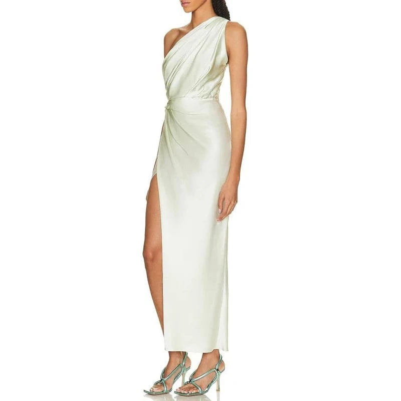 CHICEVER Casual Elegant Diagonal Collar Sleeveless High Waist Split Slimming Dresses Women Long Dress