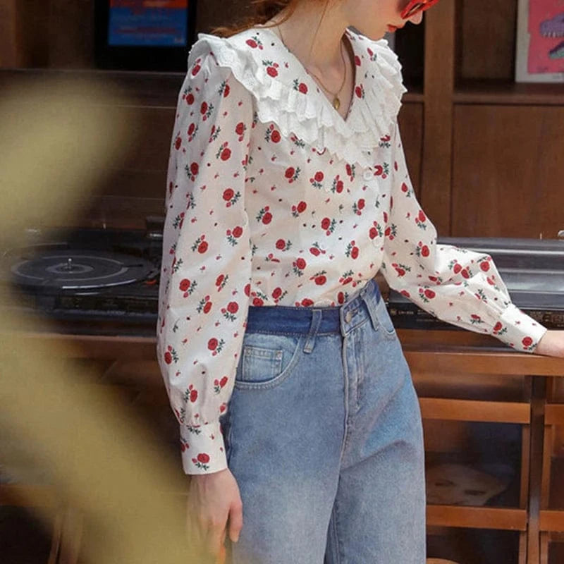 CHICEVER Casual Elegant Patchwork Ruffles V Neck Long Sleeve Double Breasted Blouses Lady Blouse For Women 2023