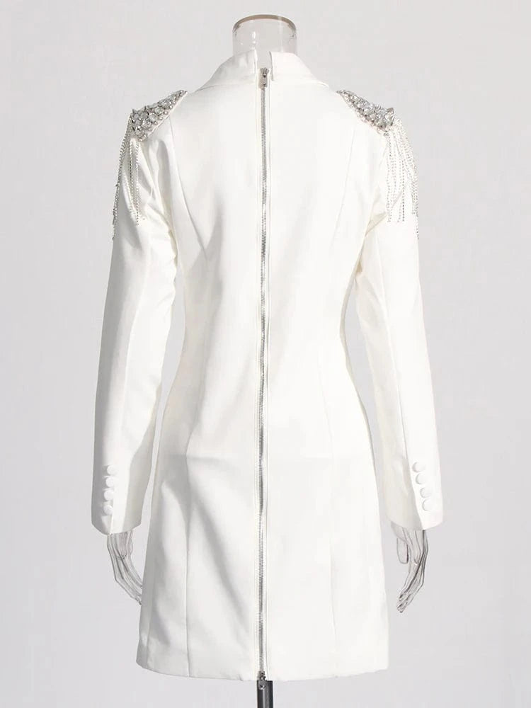 CHICEVER Casual Lady Elegant Spliced Diamonds Lapel Long Sleeve High Waist Blazer Dresses Women