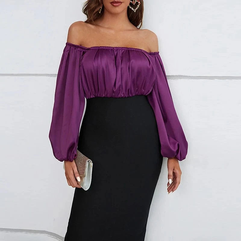 CHICEVER Casual Long Dress Slash Neck Lantern Sleeve High Waist Dresses For Women 2023