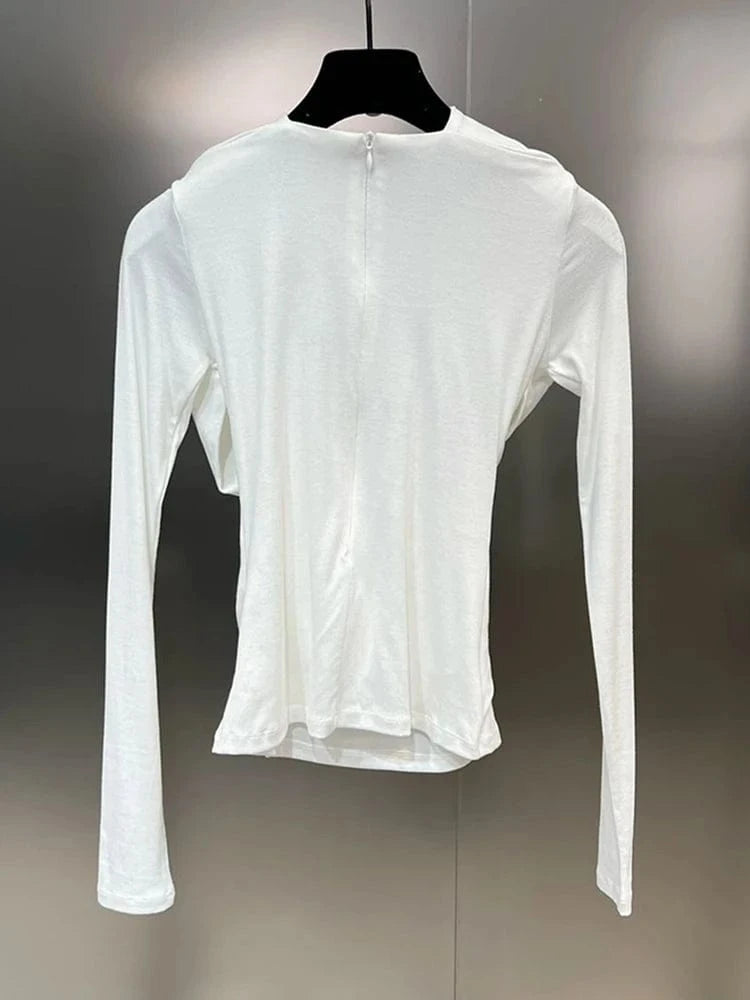 CHICEVER Casual Patchwork Metal Buckle Crisscross Cotton Long Sleeve T Shirt For Women