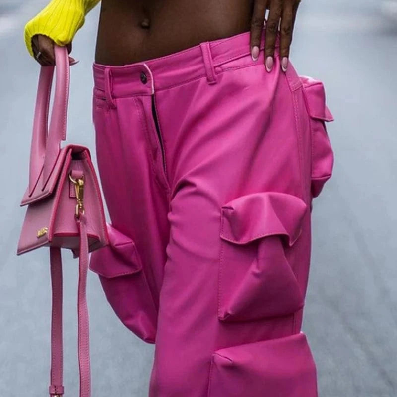 CHICEVER Casual Spliced Button High Waist Patchwork Pockets Women Leather Pants 2023