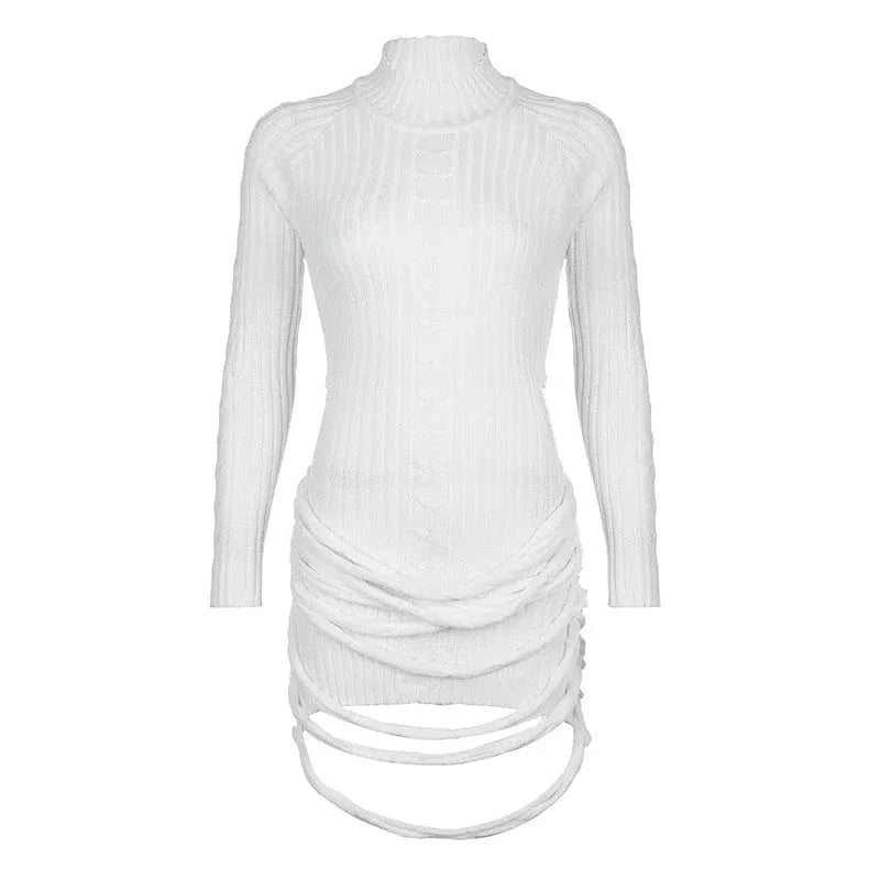 CHICEVER Dress Hollow Out Solid Color Slim White Knit Casual Elegant Women Dresses