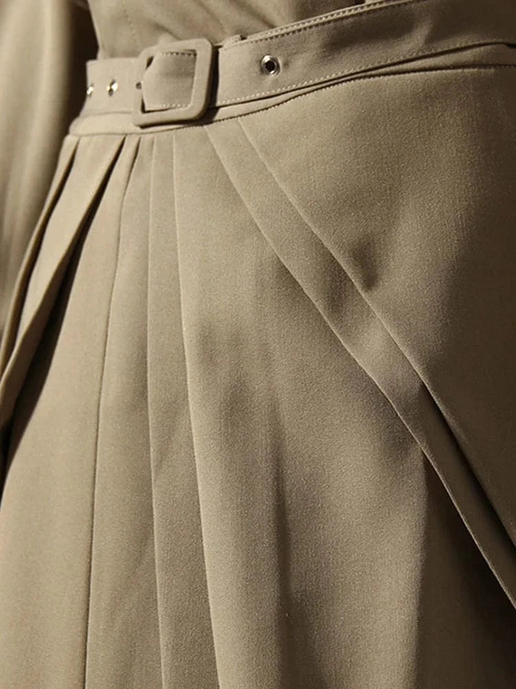 CHICEVER Elegant Solid Color High Waist Patchwork Belt Folds Design Skirts For Women