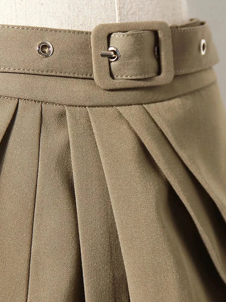 CHICEVER Elegant Solid Color High Waist Patchwork Belt Folds Design Skirts For Women