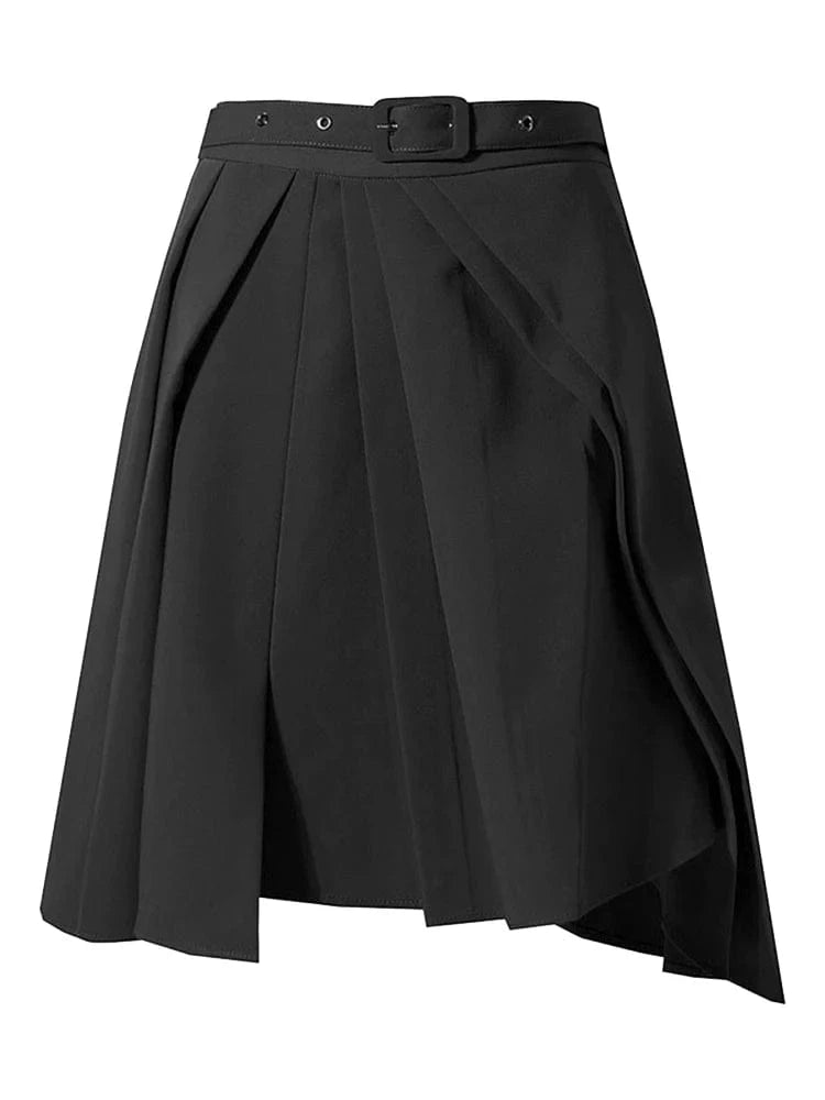 CHICEVER Elegant Solid Color High Waist Patchwork Belt Folds Design Skirts For Women