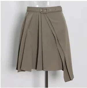 CHICEVER Elegant Solid Color High Waist Patchwork Belt Folds Design Skirts For Women