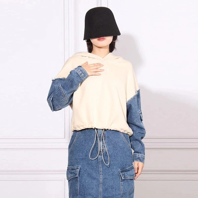 CHICEVER Fashion Hooded Long Sleeve Hit Color 2 Piece Long Skirt And Top Set For Women