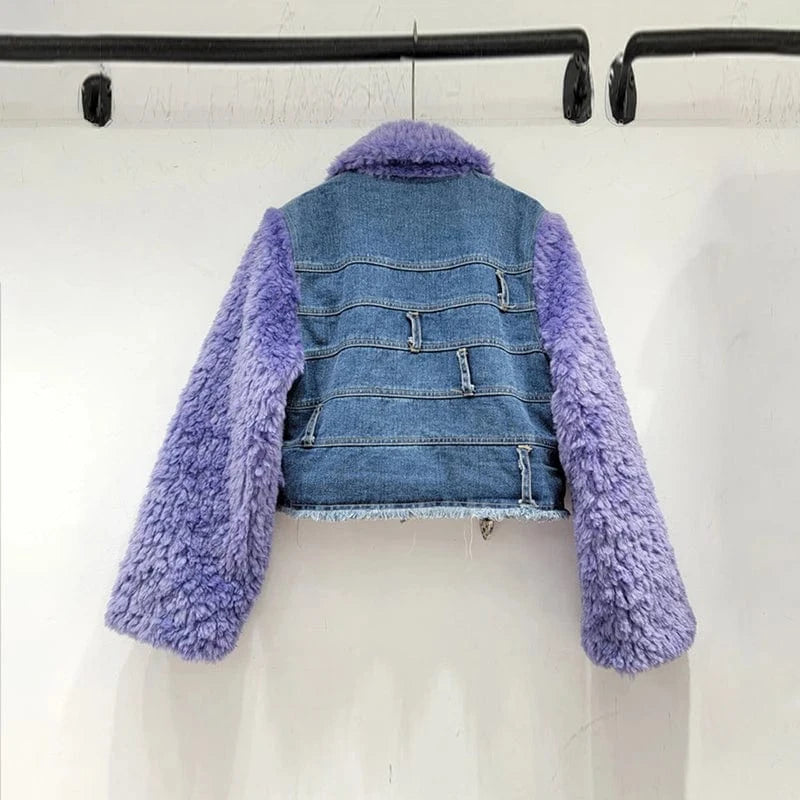 CHICEVER Fashion Lapel Long Sleeve Patchwork Lambswool Winter Jackets For Women 2023